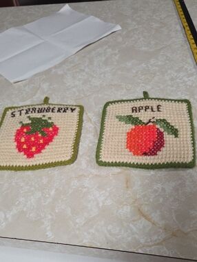 Handmade Crocheted Fruit Potholders - Strawberry & Apple - Cream and Green